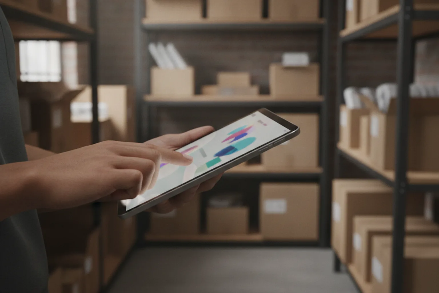 Mitarbeiter prüft Lagerbestände auf einem Tablet im Lager eines kleinen Unternehmens