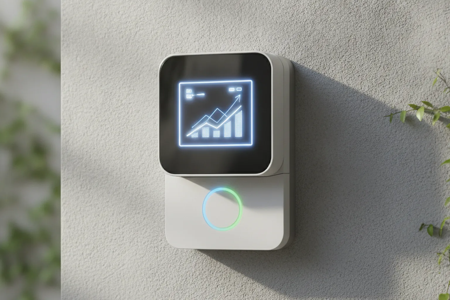 Compteur électrique intelligent sur le mur d’une maison affichant une courbe de consommation, exemple de facturation à l’usage