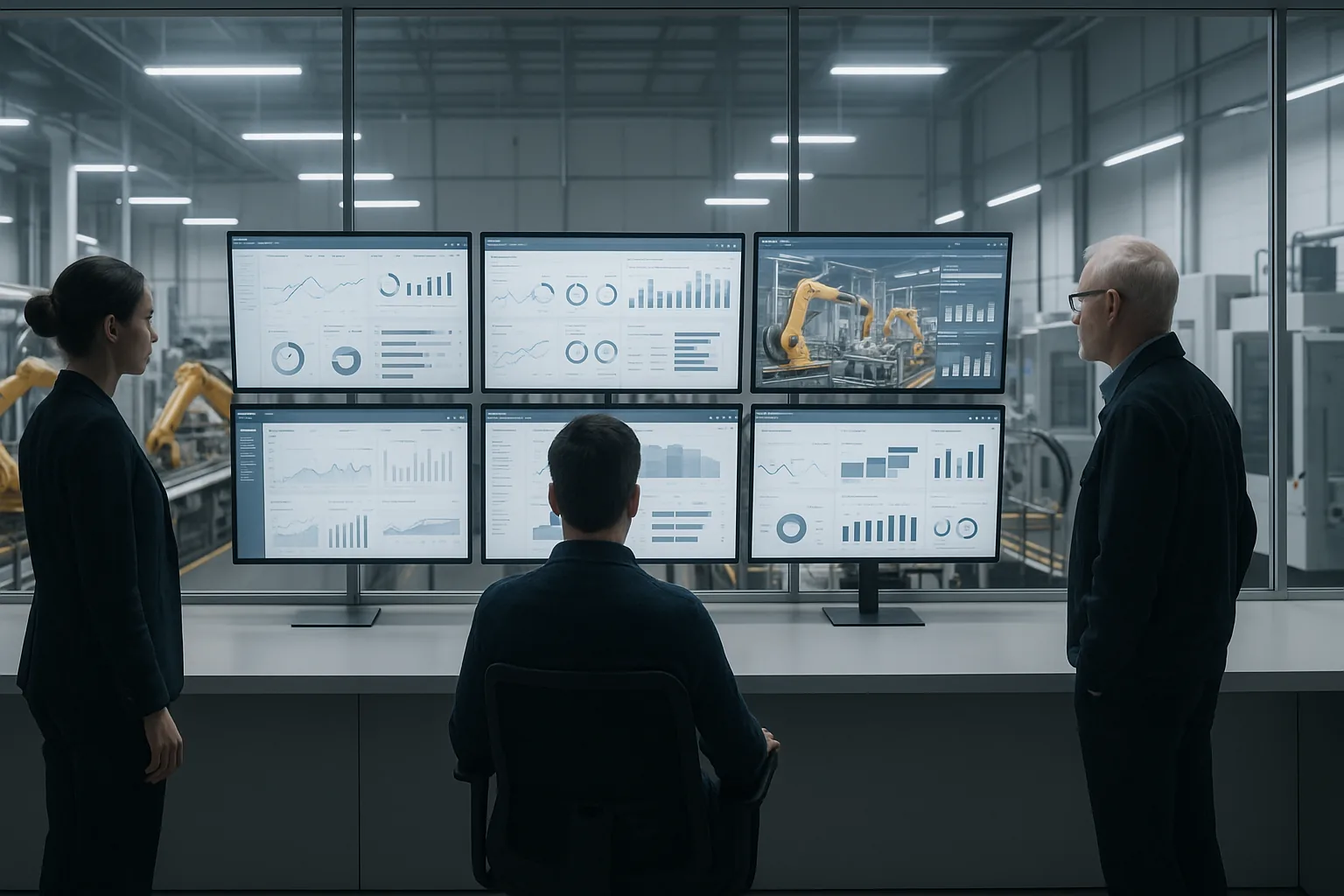 Ingenieure &uuml;berwachen Produktions-Dashboards in einem Smart-Factory-Leitstand