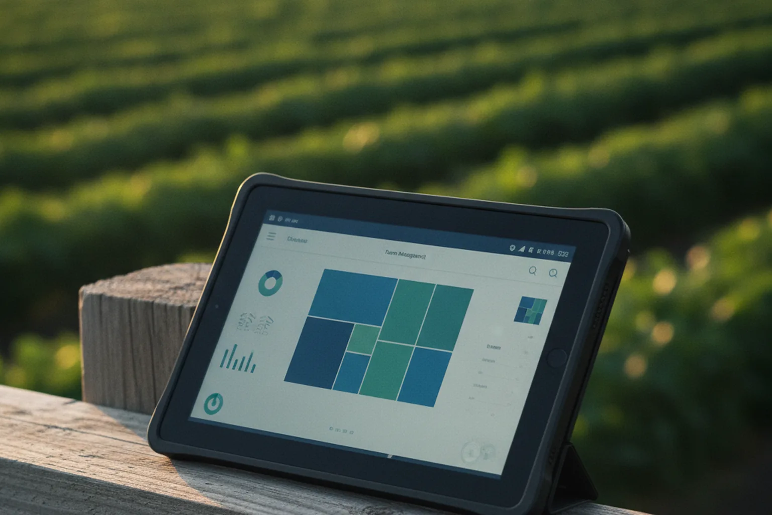 Farm-Management-Software-Dashboard auf einem Tablet in einem Feld