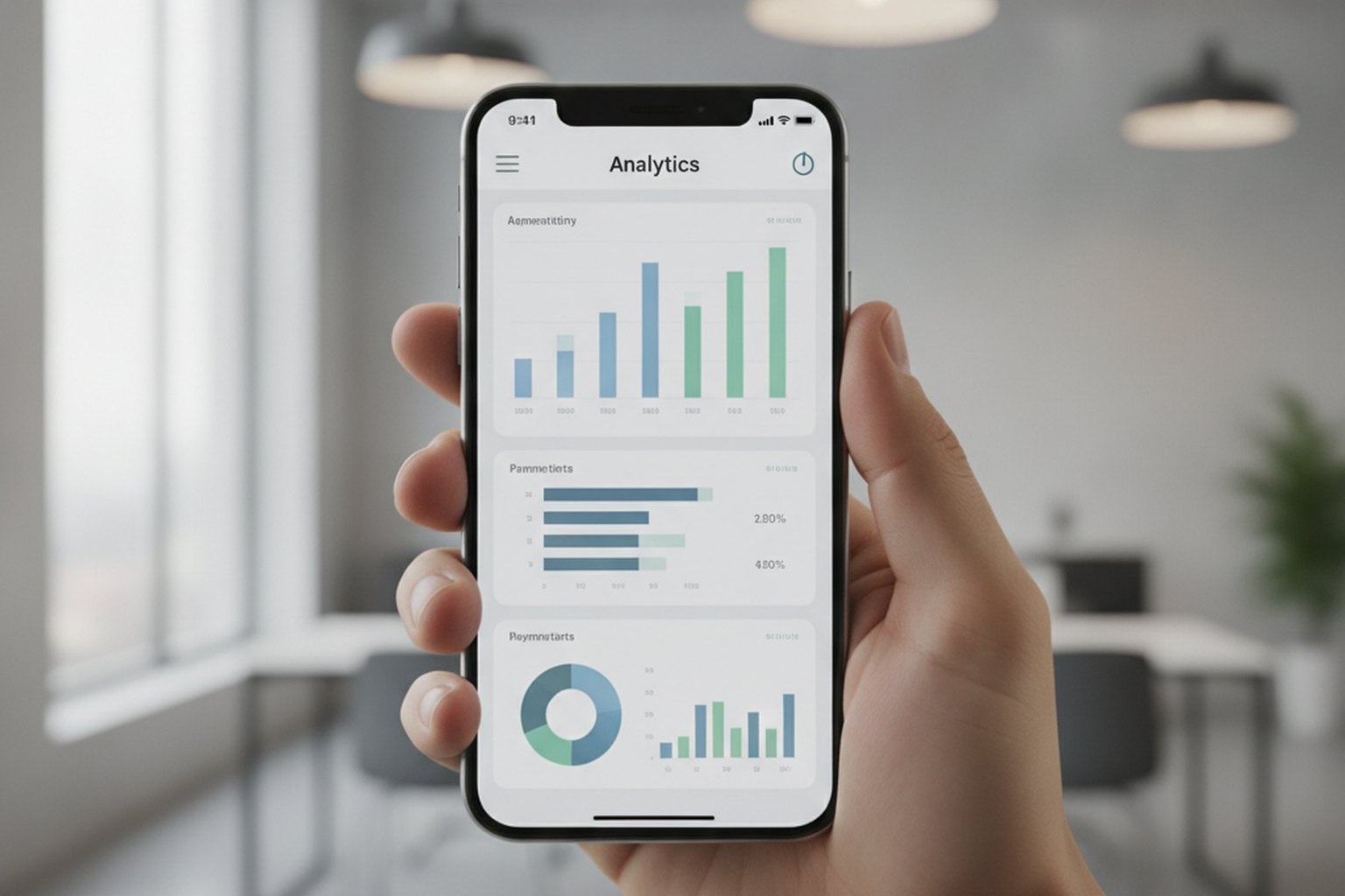 A smartphone showing a mobile app dashboard with analytics charts and a payments summary, illustrating features that third-party SDKs commonly provide