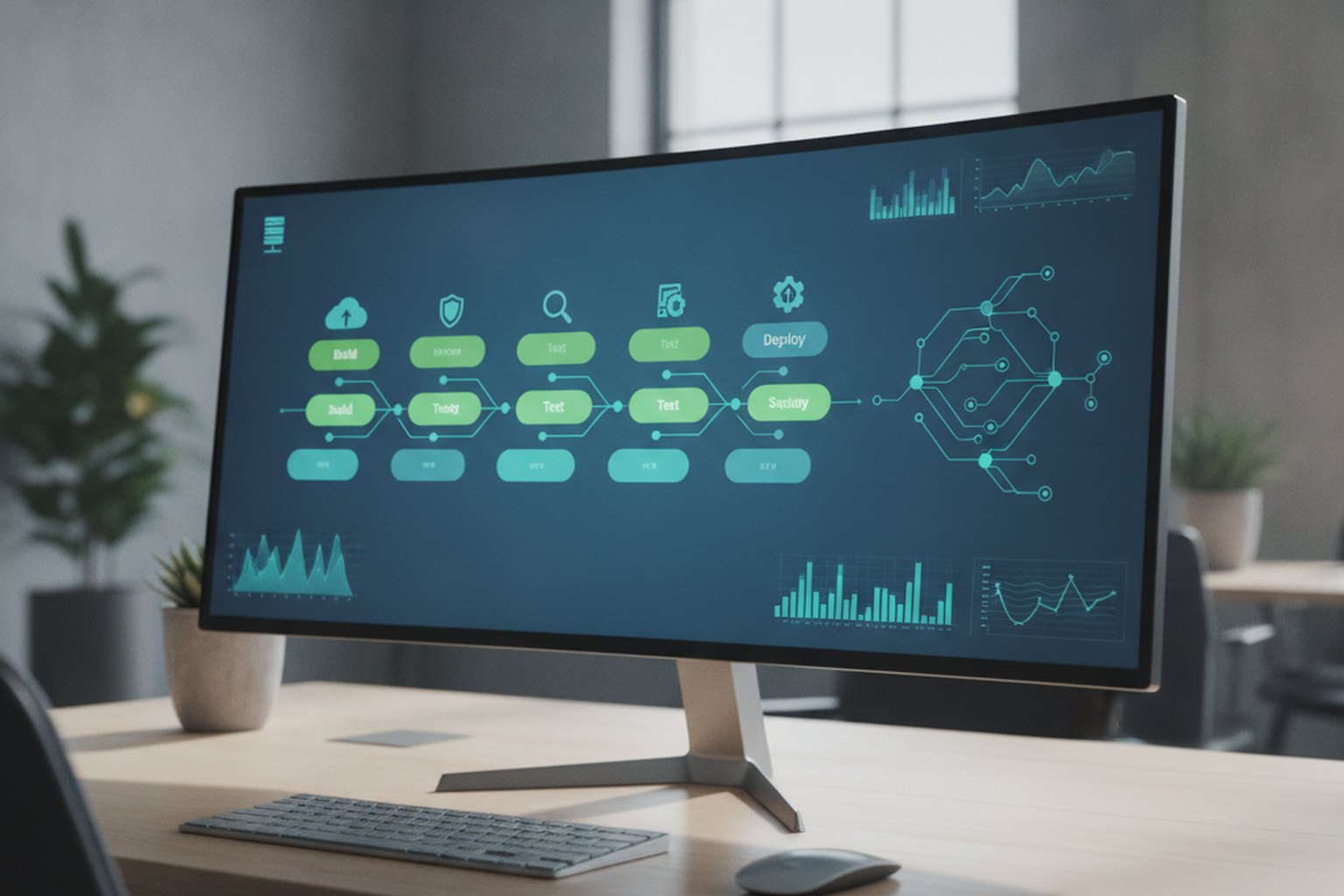 Ein breiter Monitor zeigt das Dashboard einer automatisierten CI/CD-Pipeline mit Build-, Test- und Deploy-Phasen sowie Release-Metriken in einem Engineering-Büro