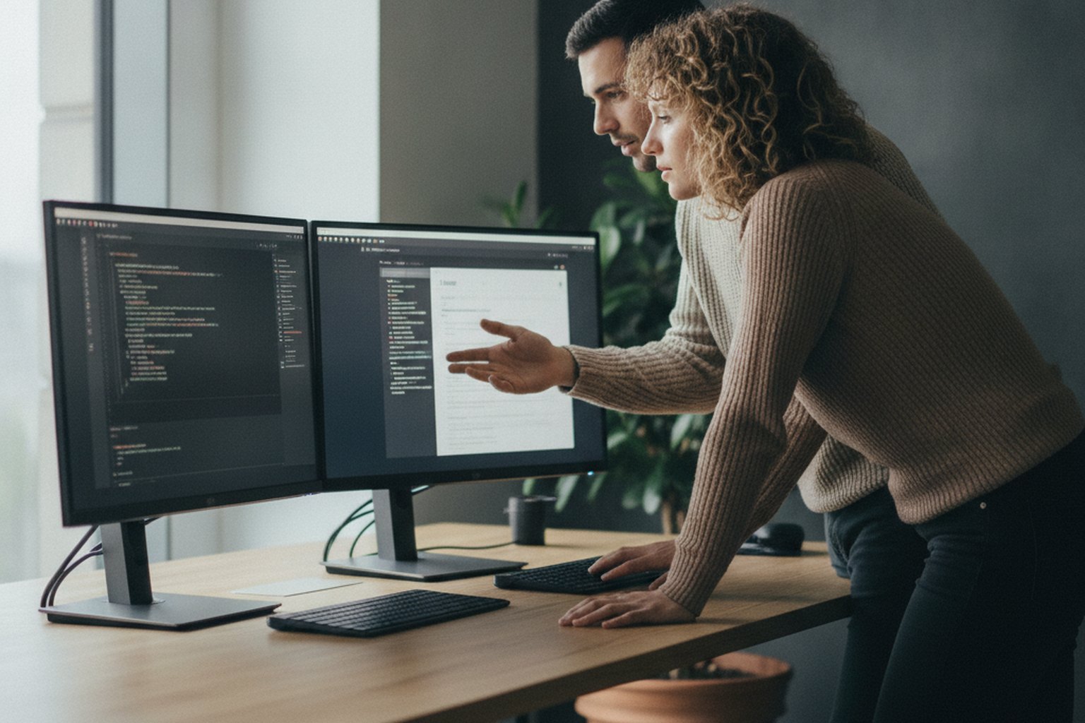 Zwei Software-Engineers begutachten Code und die Vorschau einer Webanwendung auf zwei Monitoren an einem Buerotisch