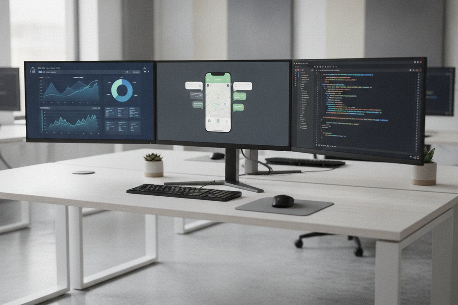 Un bureau d'ingénierie logicielle avec trois moniteurs affichant côte à côte un tableau de bord d'analytique web, l'écran d'une application mobile et un éditeur de code