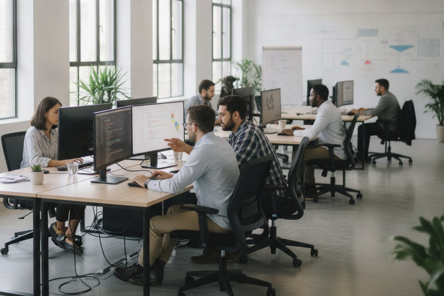 A software engineering team working at monitors in a bright modern office, representing software development industry trends in 2026