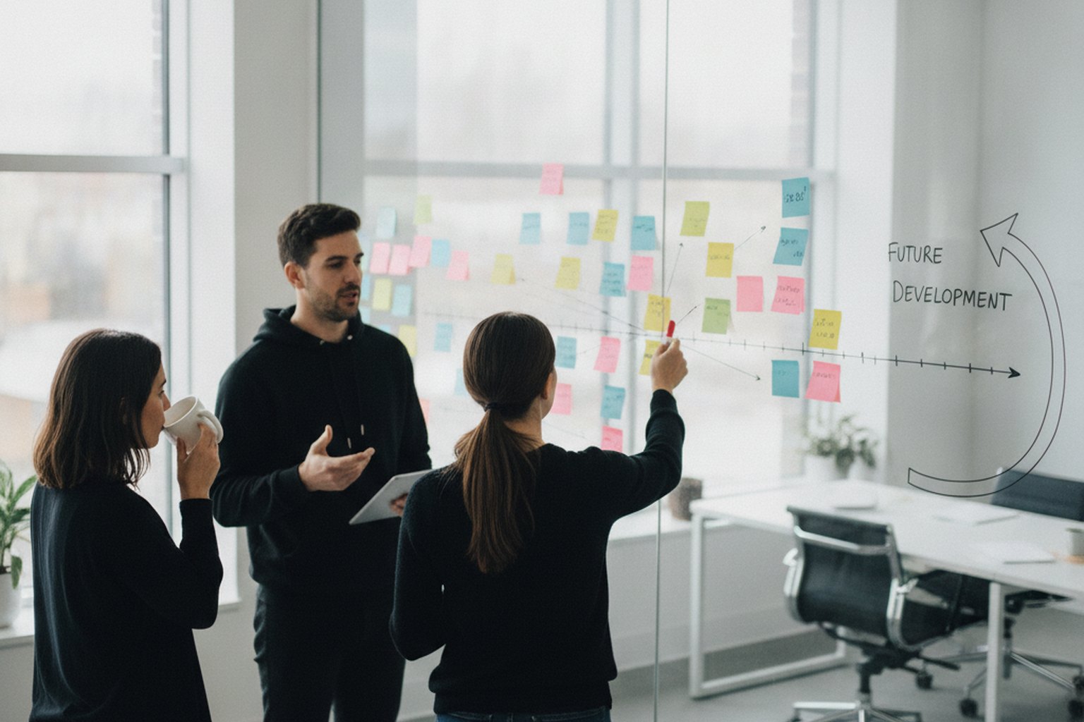 A software team planning a project life cycle on a glass whiteboard covered with sticky notes and a roadmap timeline