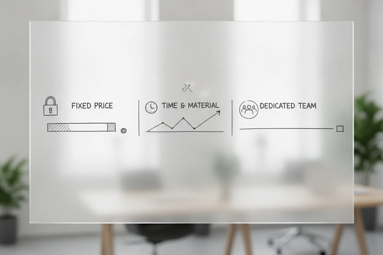 Whiteboard comparison of fixed price, time and material, and dedicated team pricing models