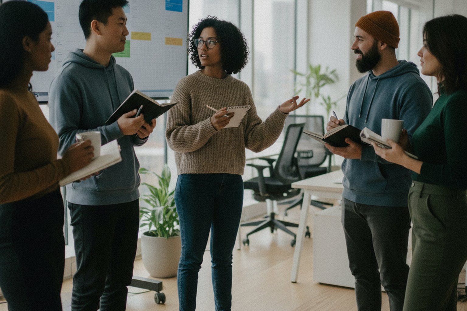 Ein diverses Softwareentwicklungsteam steht in einem Stand-up-Meeting, h&auml;lt Notizb&uuml;cher und Kaffee und bespricht ein Kanban-Board auf einem Wandbildschirm im Hintergrund