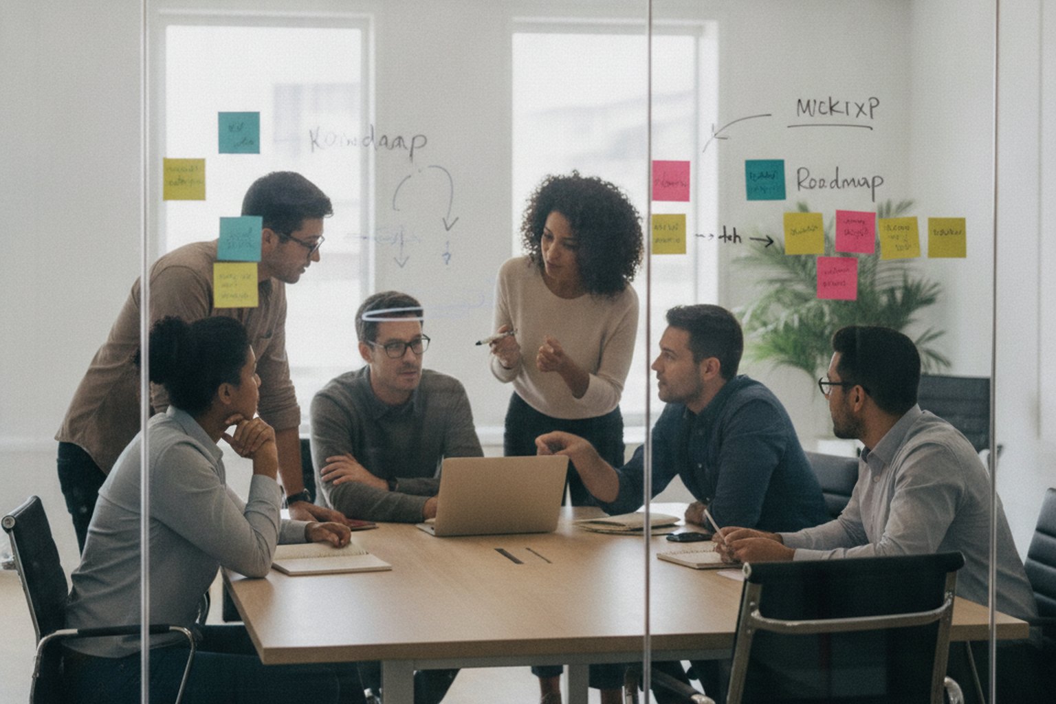 A software engineering team discussing project challenges and a roadmap on a glass wall covered with sticky notes