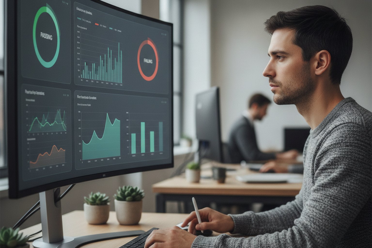 Ein Qualitätssicherungs-Ingenieur prüft ein Dashboard mit automatisierten Testergebnissen, das bestandene und fehlgeschlagene Testfälle in einem Engineering-Büro zeigt