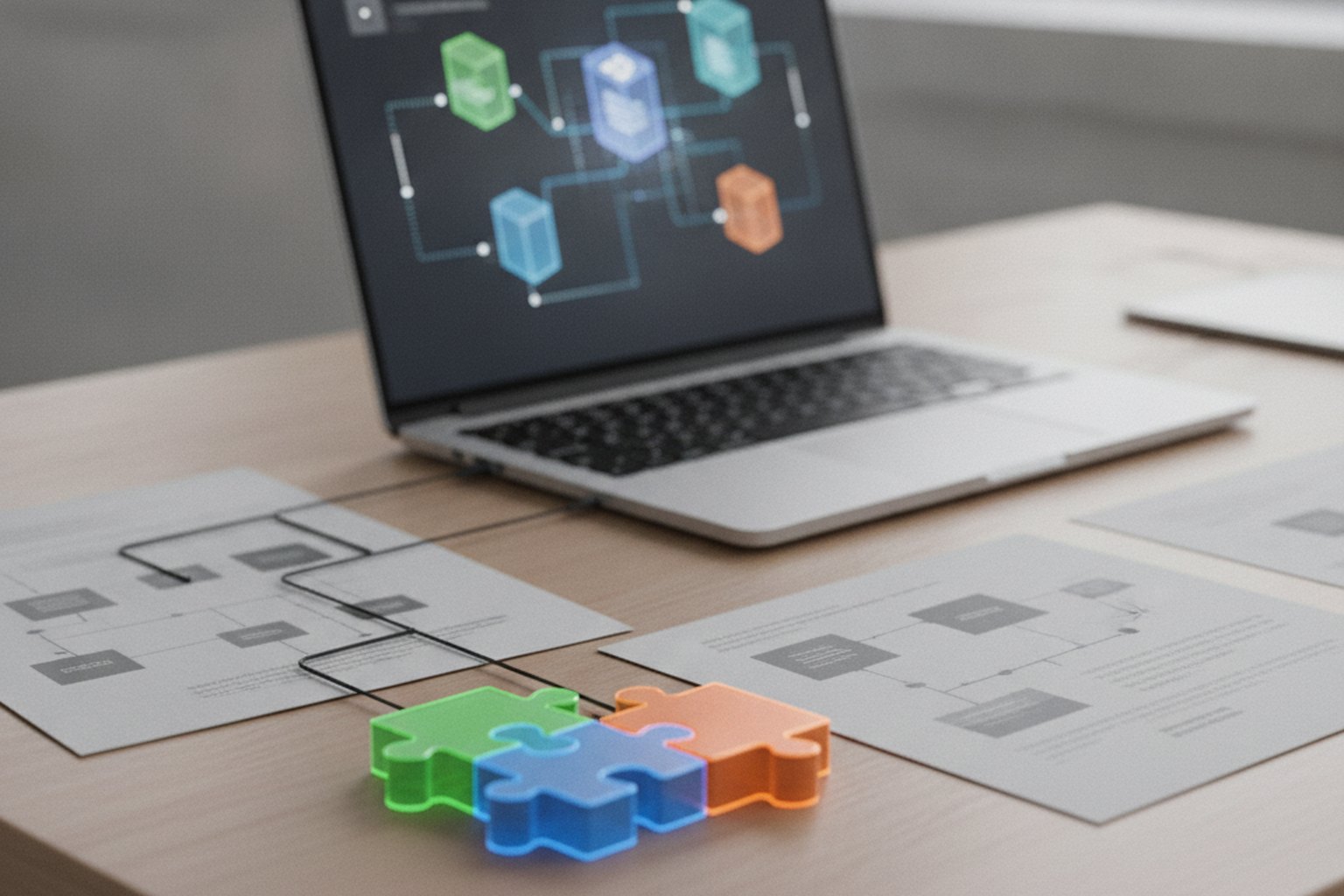 A laptop showing modular software components connected as a diagram, with documentation printouts and interlocking puzzle pieces on a desk representing the parts of an SDK