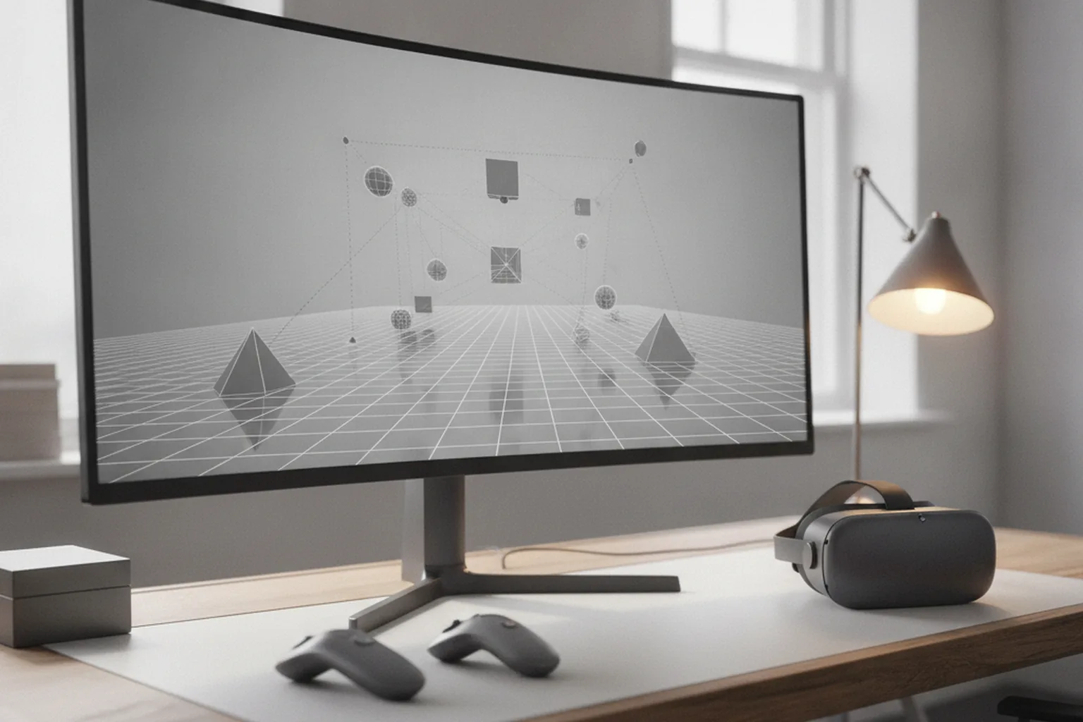 3D-Greybox-Szene für eine VR-App als Prototyp auf einem Entwickler-Arbeitsplatz