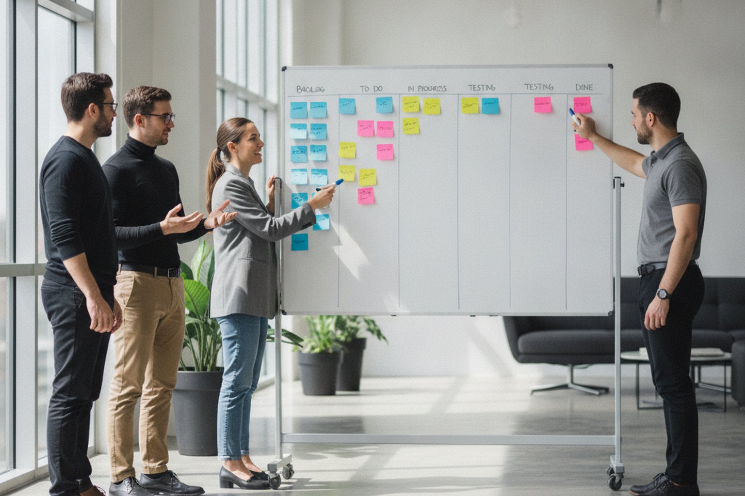 Un team di sviluppo software in piedi davanti a una lavagna di sprint planning coperta di post-it color-codati disposti nelle colonne da fare, in corso e fatto