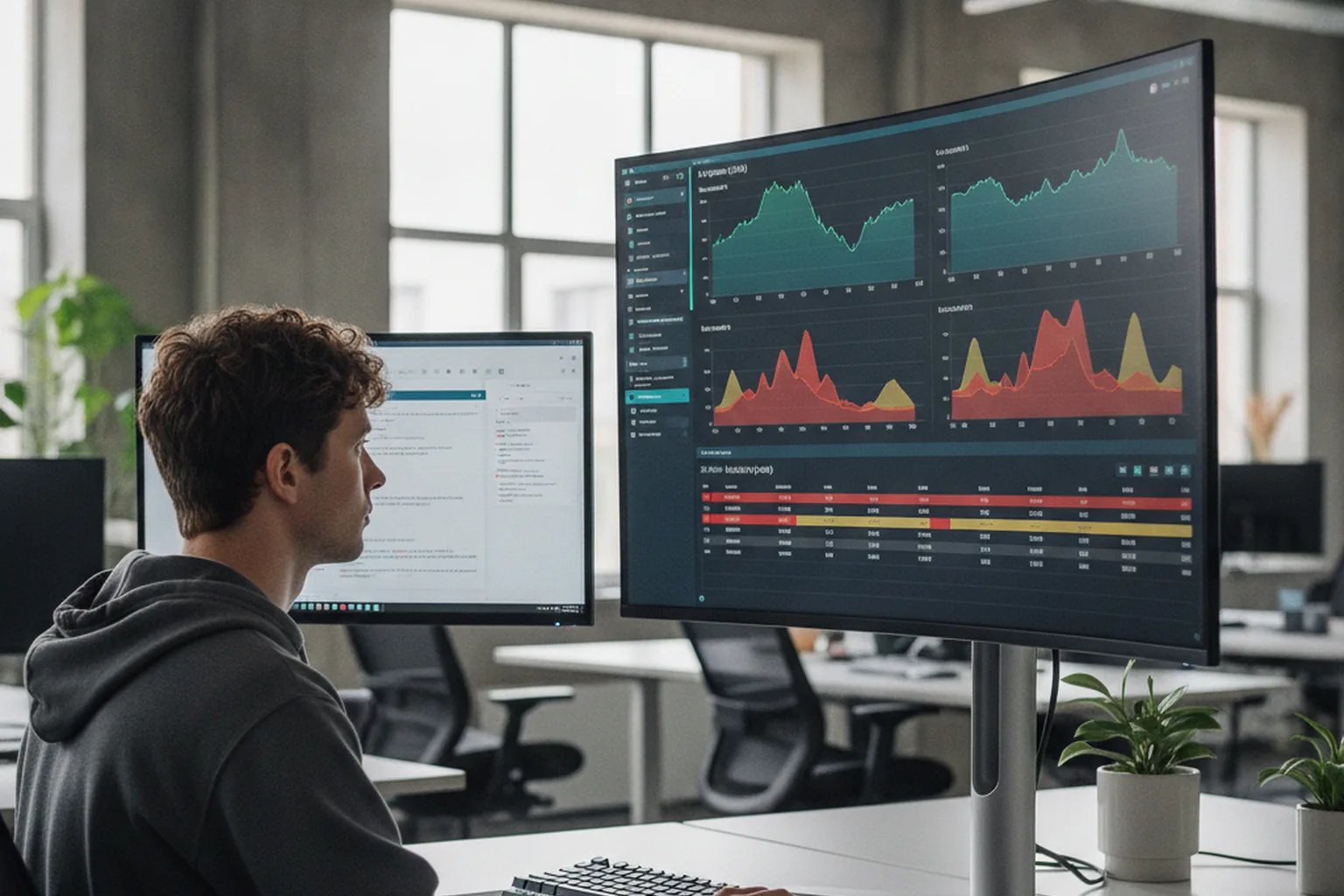 Site reliability engineer monitoring an on-call incident dashboard with uptime and latency graphs.