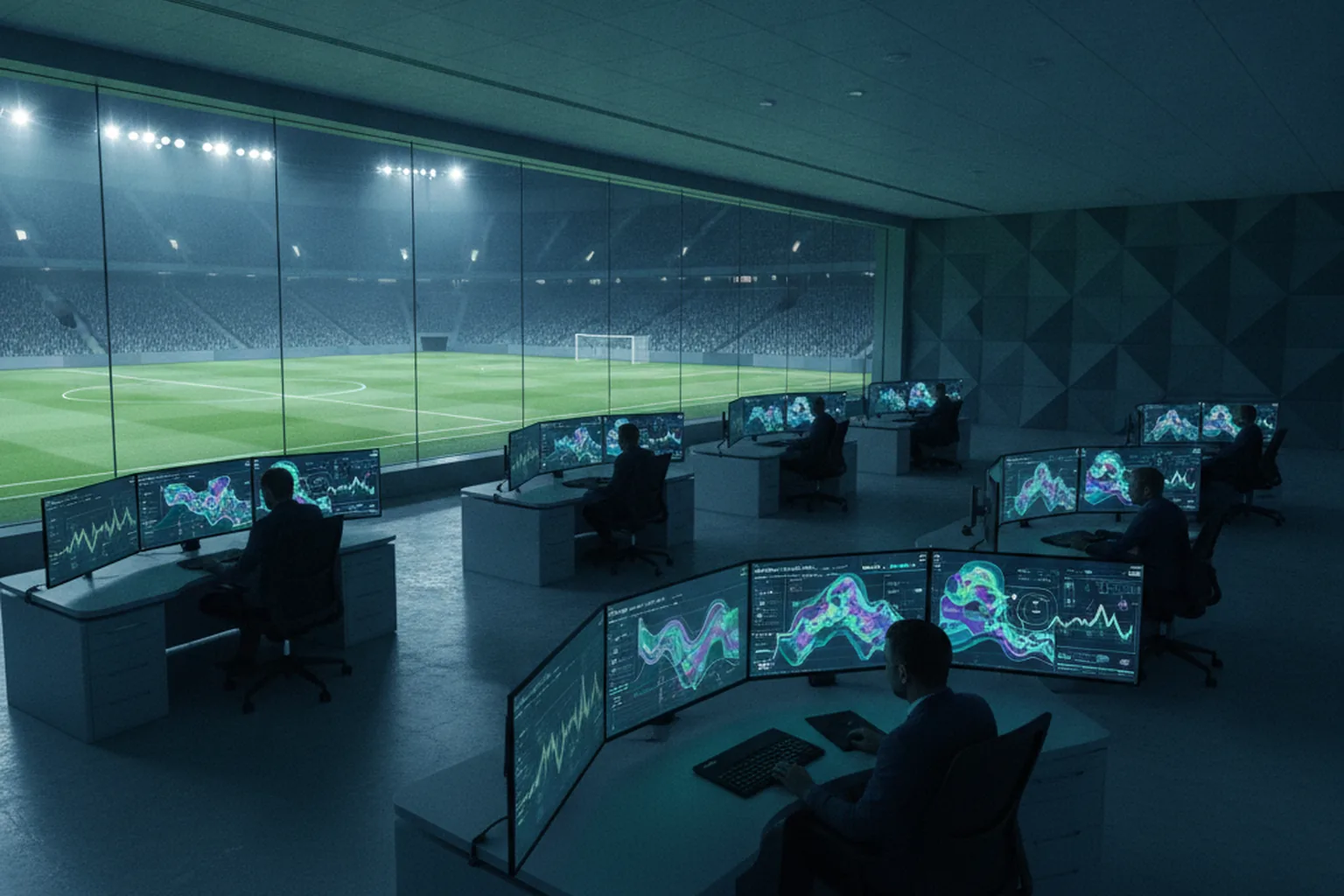 Salle d'opérations d'un stade avec tableaux de bord d'analyse sportive et cartes thermiques de suivi des joueurs
