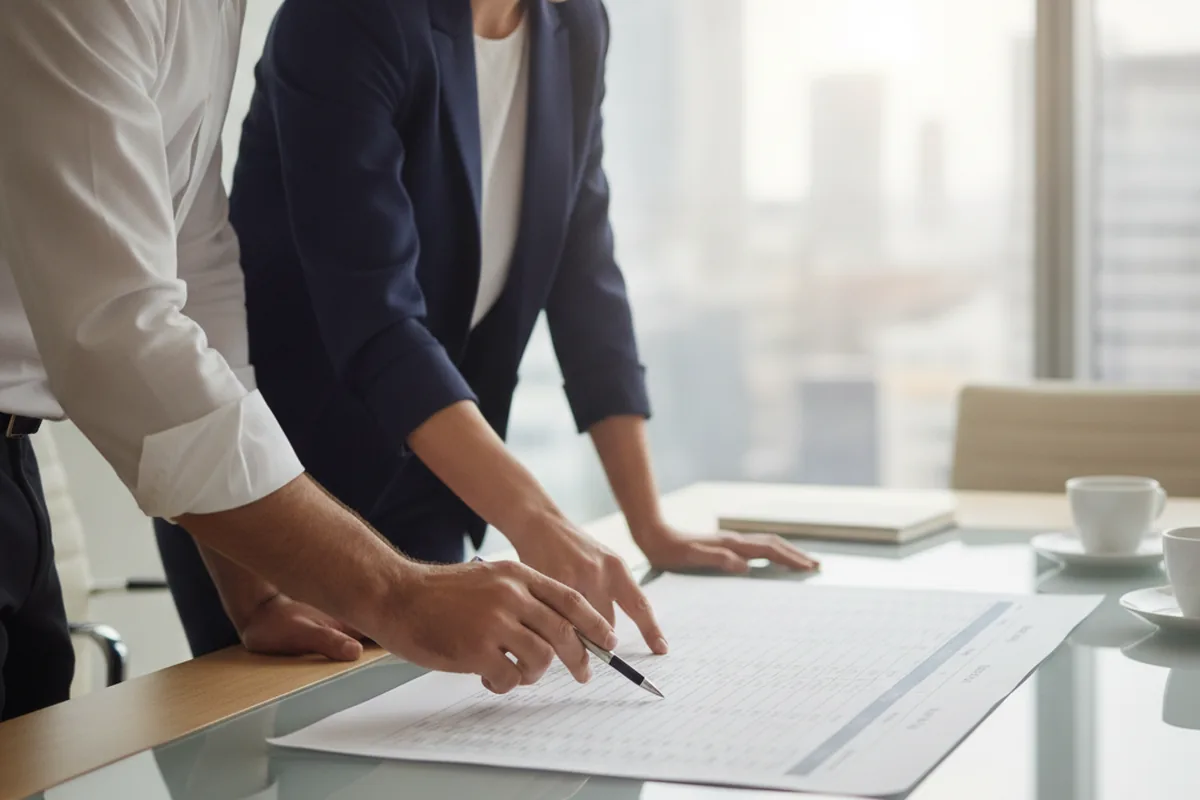 Procurement and engineering leads reviewing a printed engagement-model comparison chart during a decision meeting