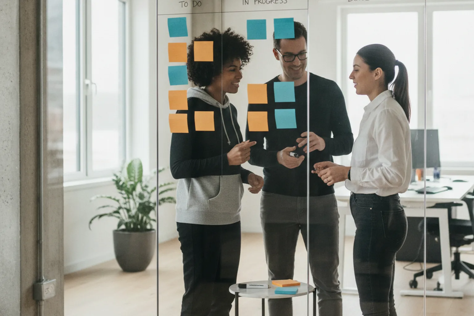 A small startup team reviewing a kanban board with to-do, in-progress and done columns during an agile sprint planning session