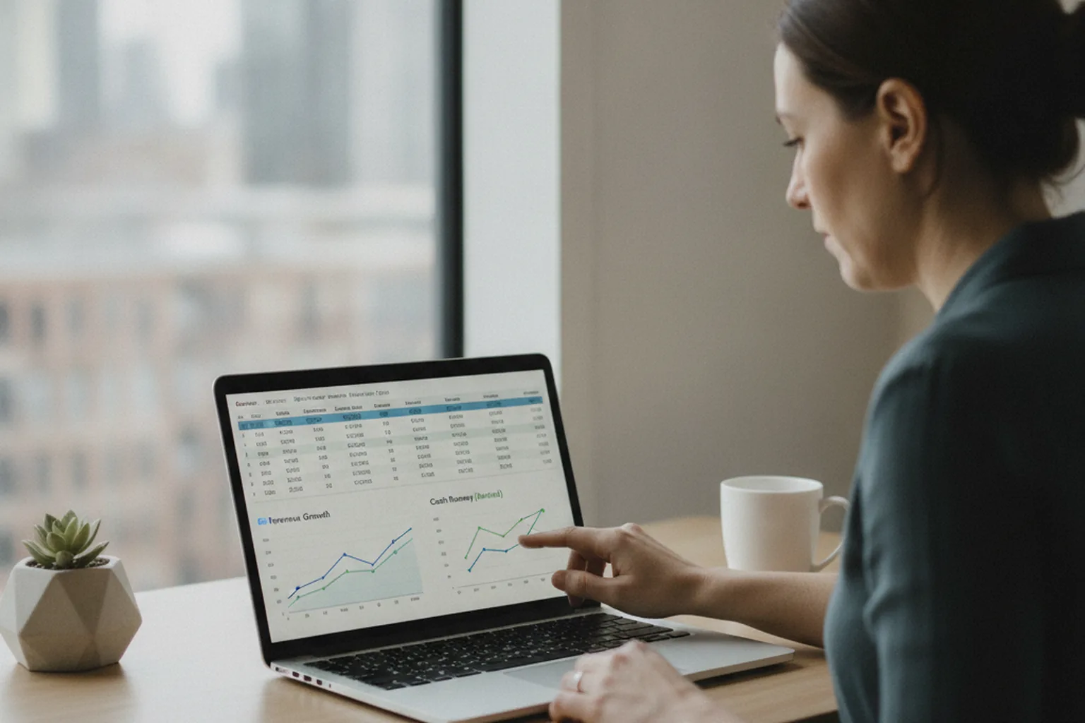 A startup founder reviewing a cash runway and revenue chart on a laptop, weighing software development budget against remaining months of runway