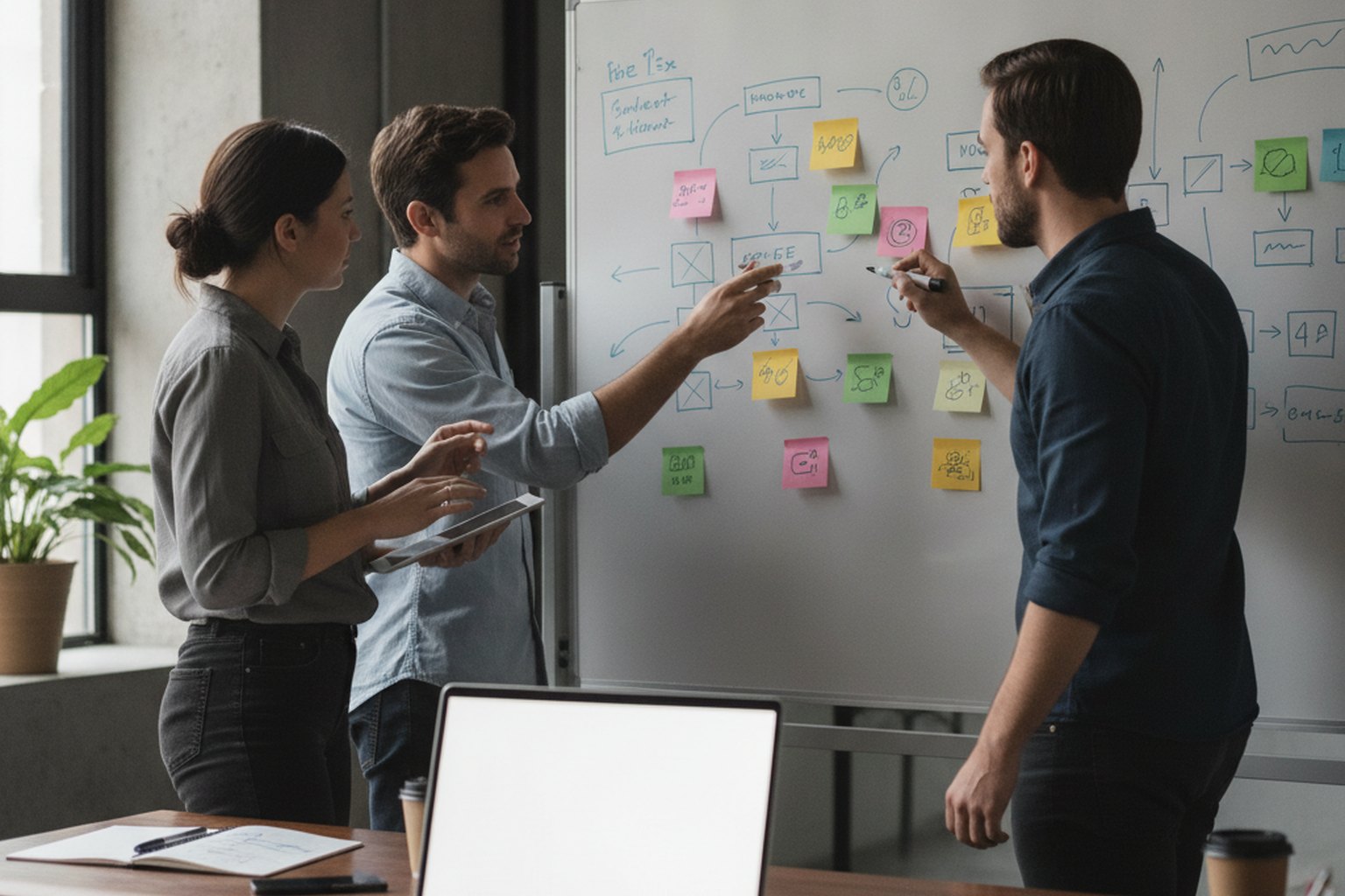 Due fondatori di startup e una product designer abbozzano l'ambito di un MVP su una lavagna coperta di flussi utente e foglietti adesivi