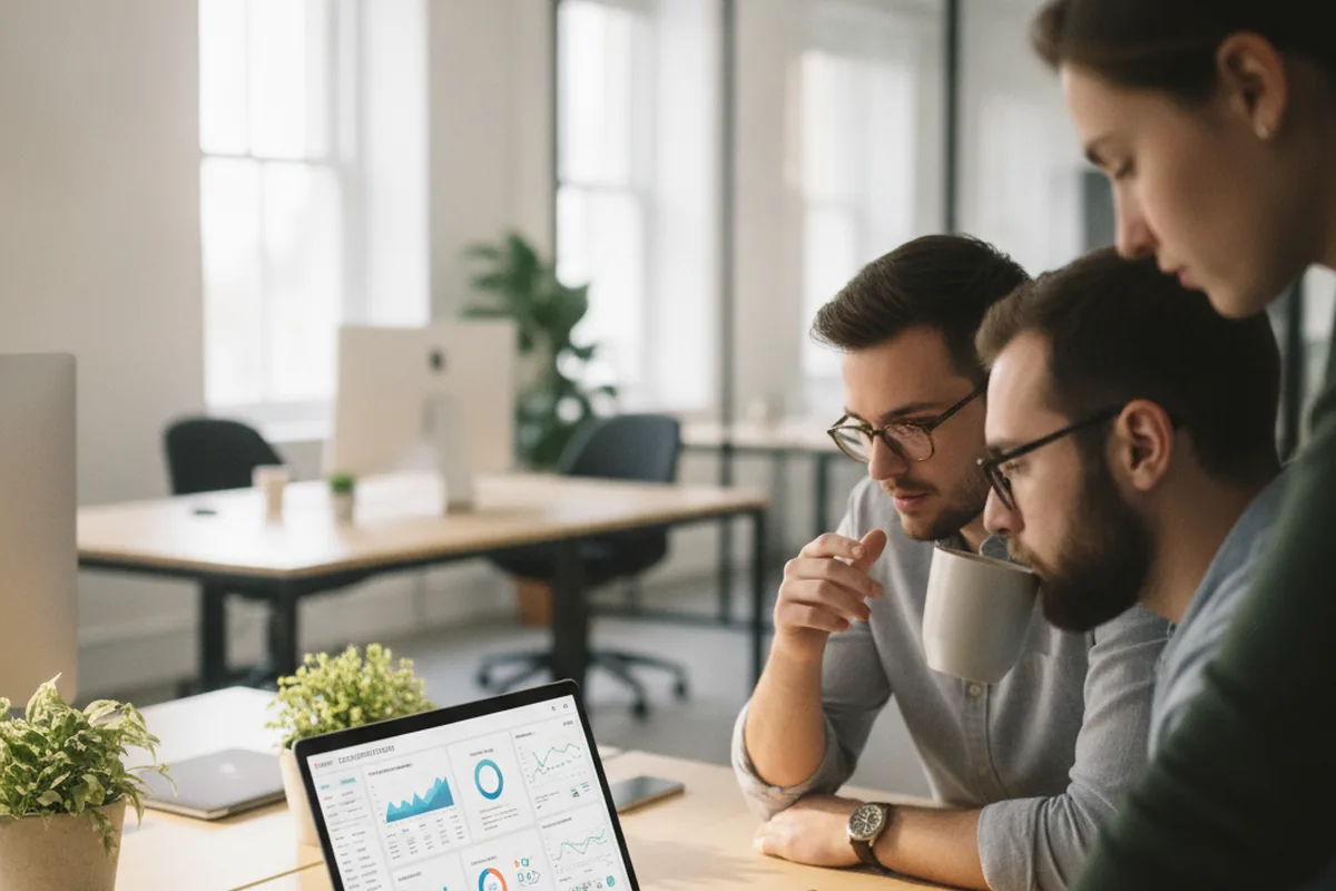 A small startup engineering team reviewing a deployment dashboard together on a laptop, representing a lean 2026 toolchain