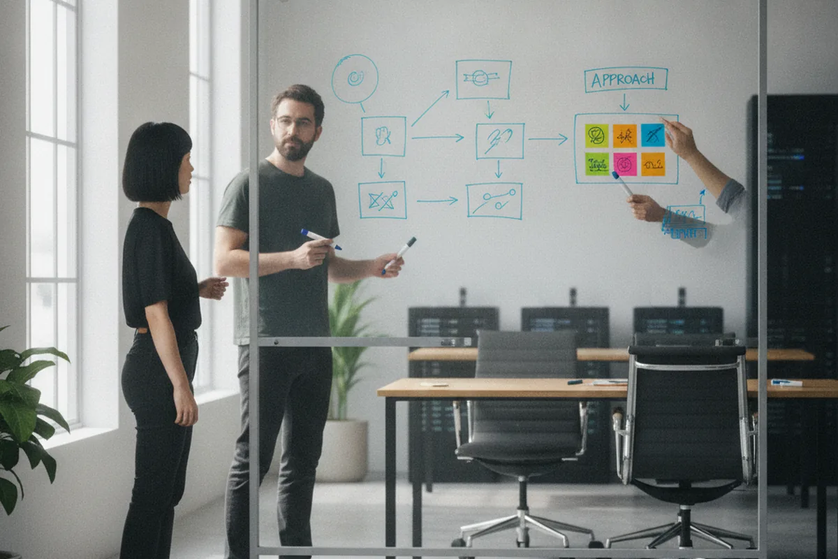A small startup team sketching a project scenario and methodology choice on a whiteboard, illustrating how to match a software development methodology to project type