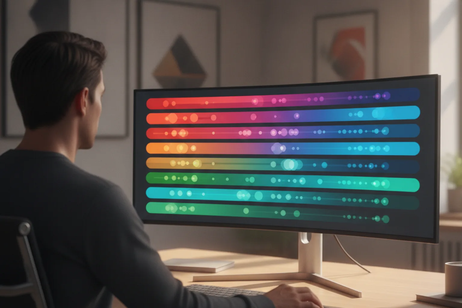 Inventory planner reviewing stock levels across stores and sales channels on a monitor
