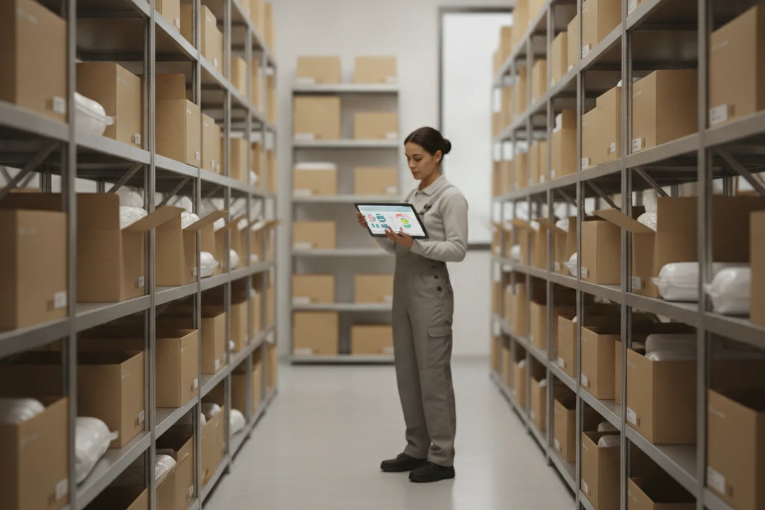 Stockroom worker checking inventory levels on a tablet between shelves of boxes