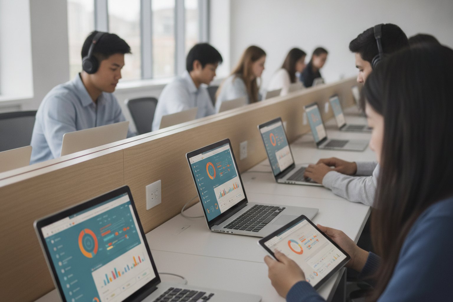 University students working on laptops and tablets showing learning dashboards in a modern computer lab, representing education software in use