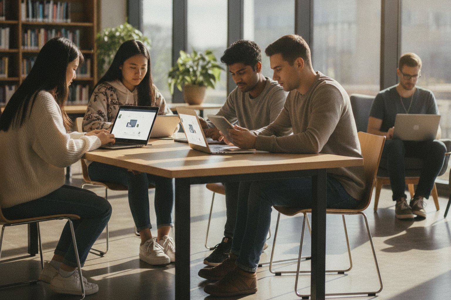 Groupe diversifie d'etudiants apprenant en ligne sur des ordinateurs portables et une tablette autour d'une table dans une bibliotheque lumineuse
