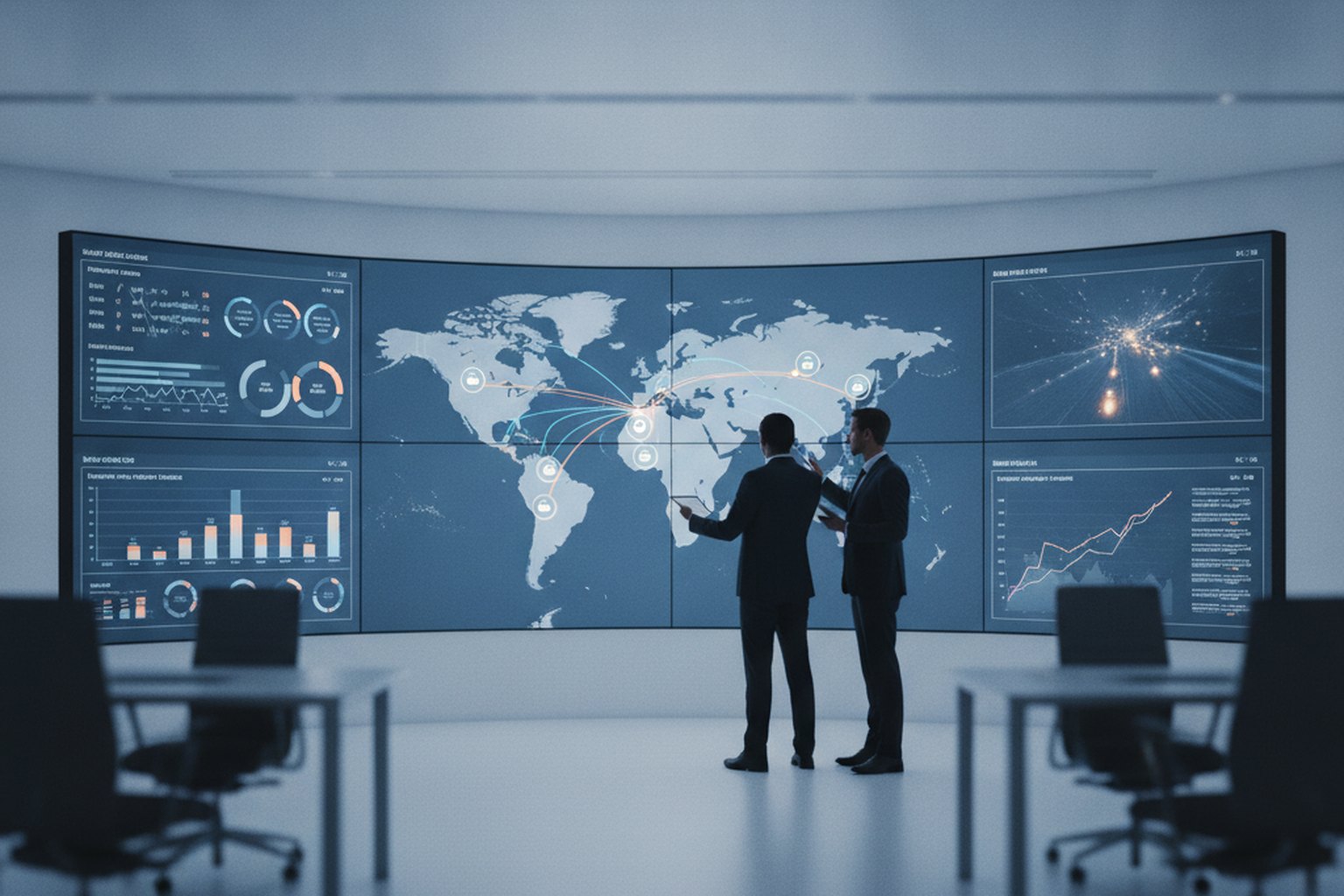Des analystes supply chain examinent un mur de tableaux de bord en salle de contr&ocirc;le affichant une carte de r&eacute;seau logistique mondial, le suivi d'exp&eacute;dition en direct et des graphiques de stock