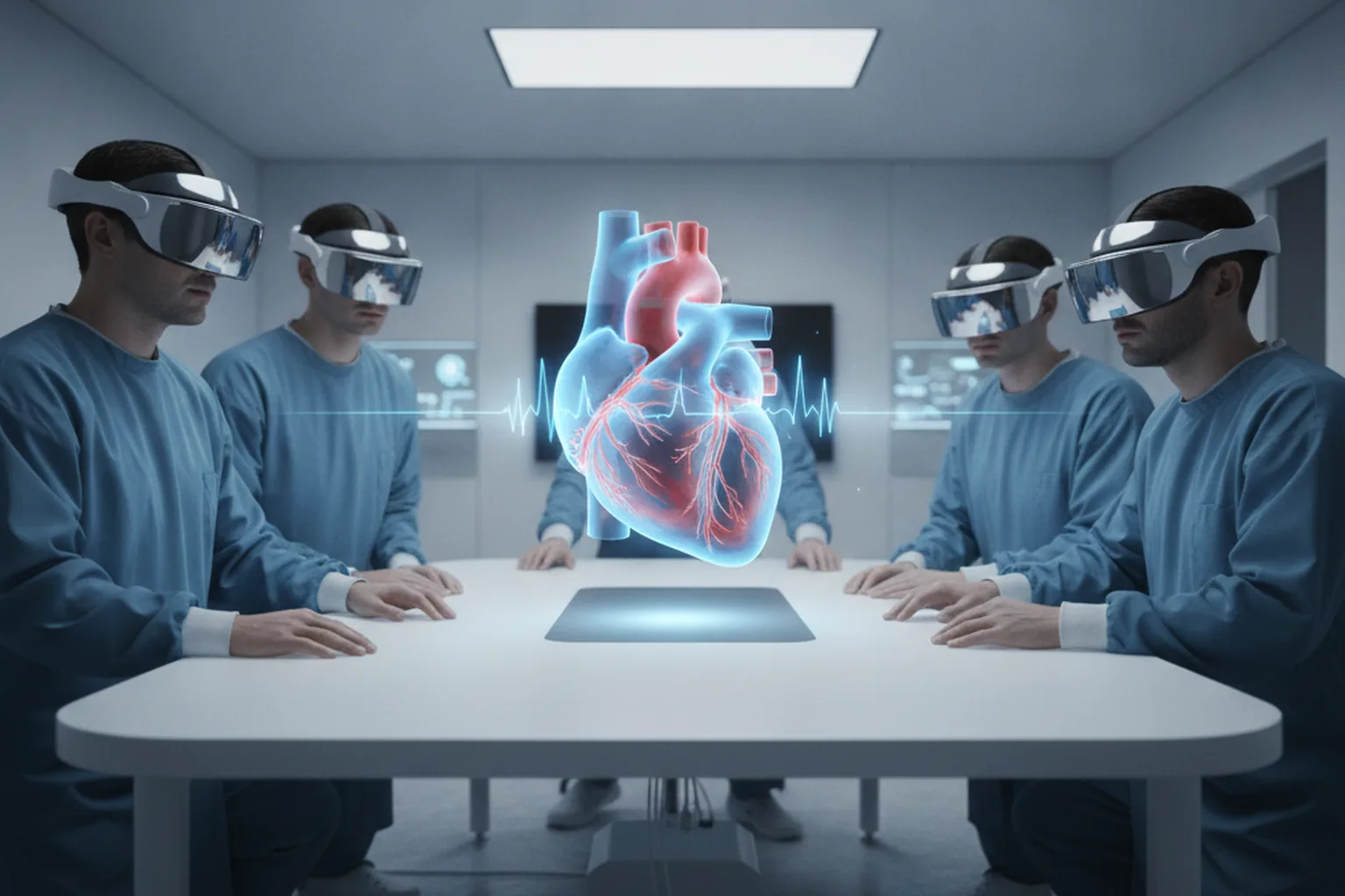 Angehende Chirurgen mit Mixed-Reality-Headsets studieren in einem Schulungsraum ein schwebendes 3D-Herzmodell rund um einen Tisch