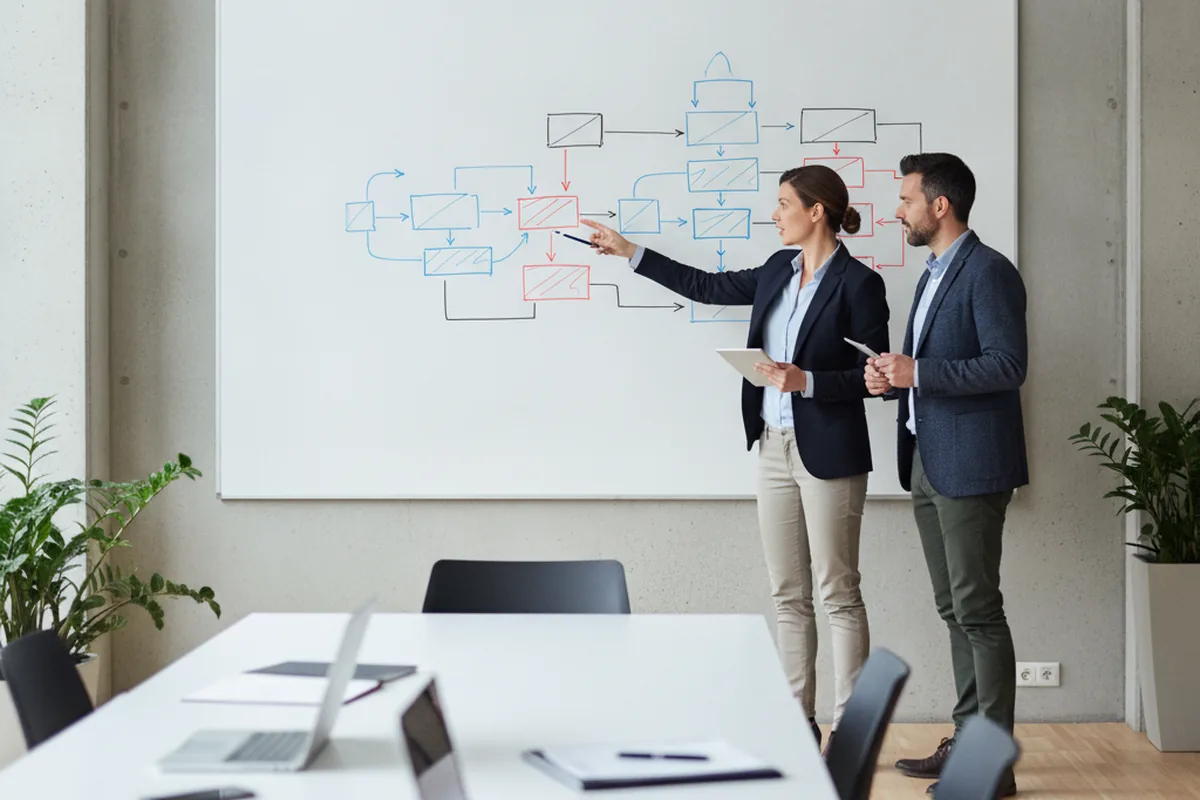 Team reviewing a system integration architecture diagram for an enterprise software RFP