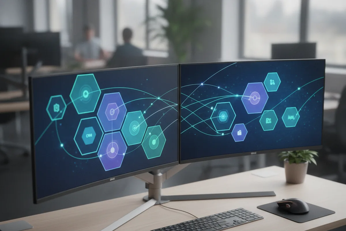 Dual monitors in a developer workspace showing an abstract network of connected system nodes, representing the range of tools a Salesforce integration typically links together