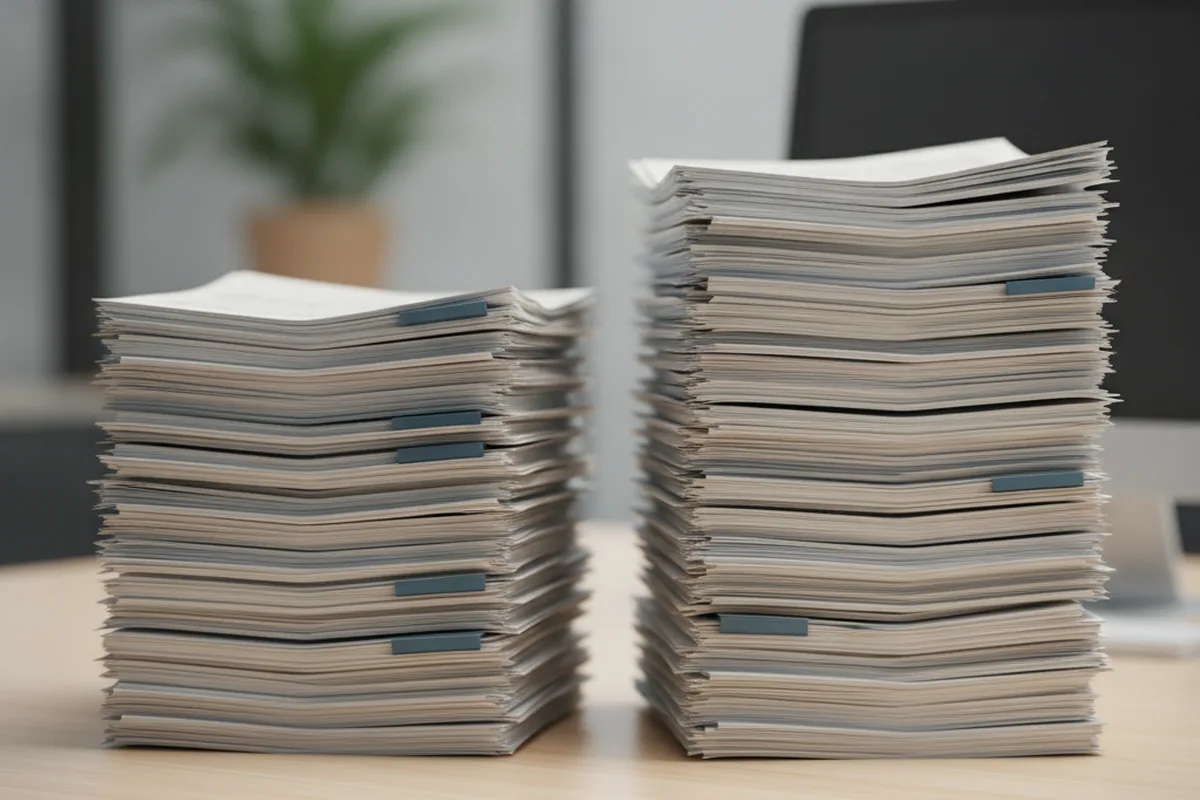 Two stacks of tax and financial paperwork on a desk side by side, representing a comparison between Section 174 expensing and the Section 41 R&D tax credit