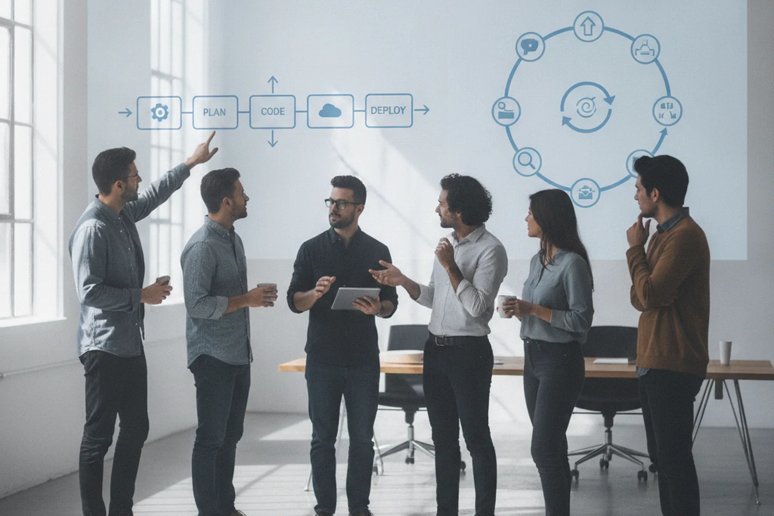 A software team comparing a linear Waterfall-style process diagram against a circular Agile-style loop diagram on a screen