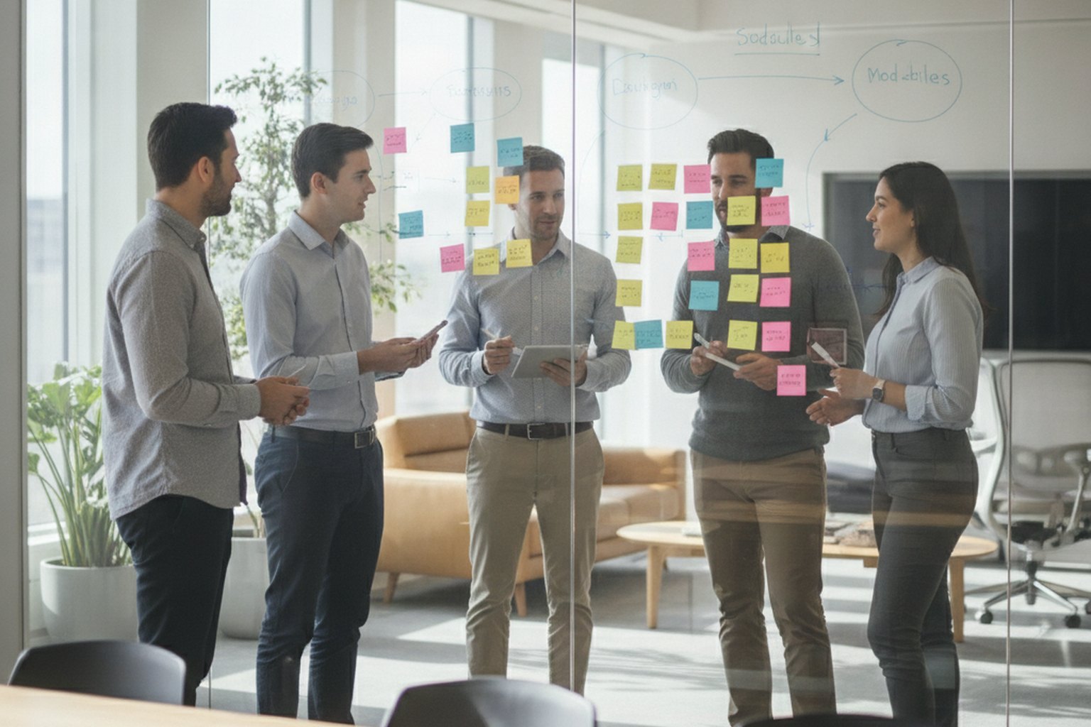 Ein Produkt- und Engineering-Team plant ein individuelles CRM-Projekt an einer Glaswand voller Haftnotizen und Diagramme