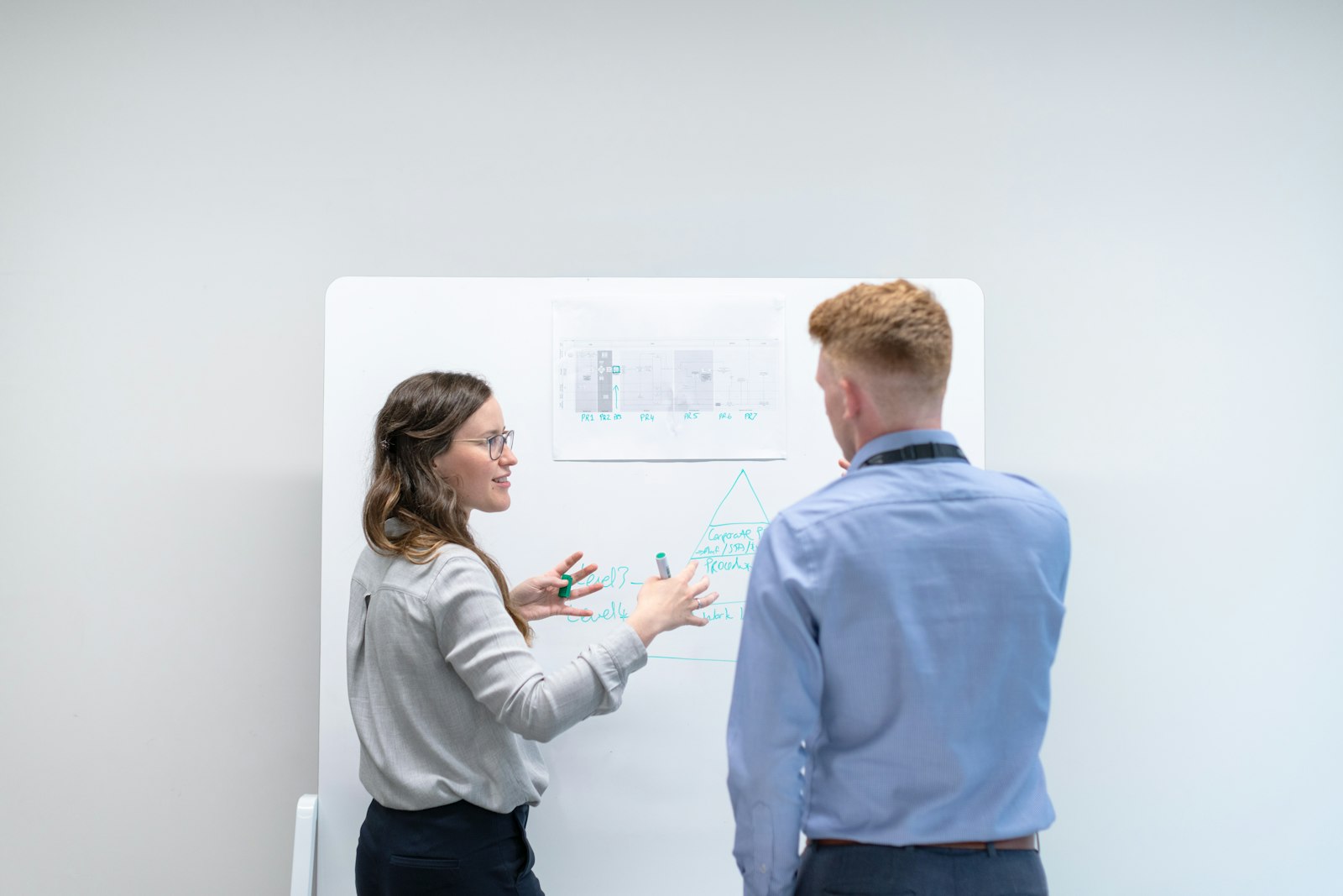 Two colleagues mapping a process on a whiteboard — scoping chatbot use cases and working through a build-versus-buy decision