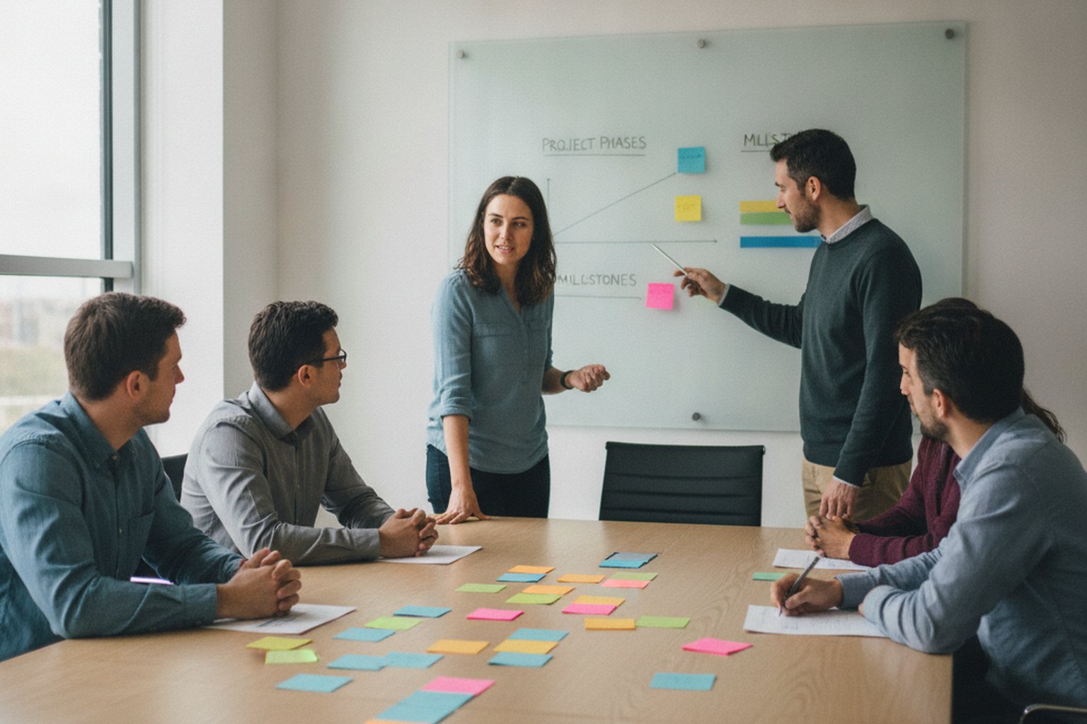 A cross-functional software team in a planning workshop around a table of colored sticky notes with a whiteboard showing project phases and milestones