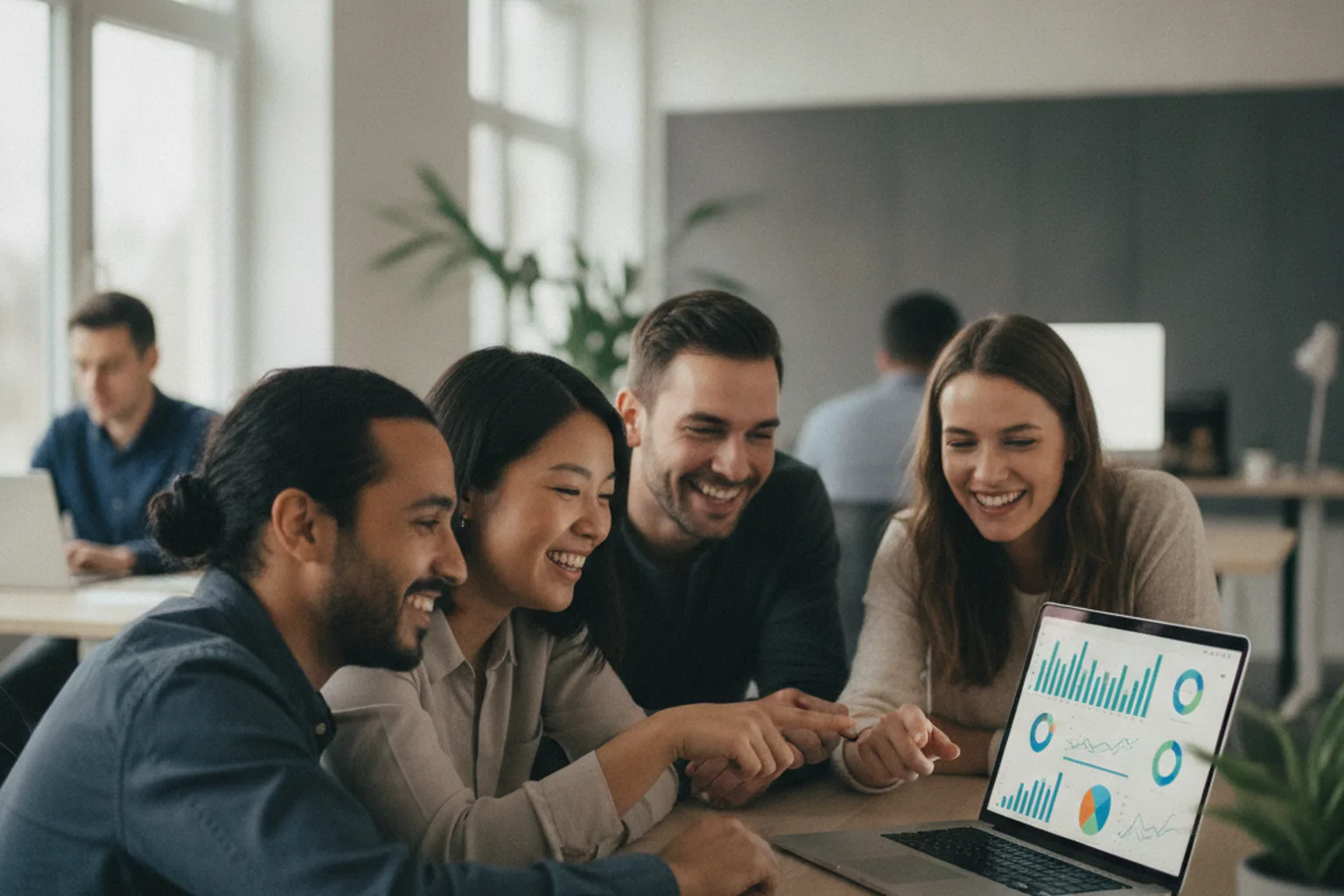 A cross-functional software team smiling and pointing at delivery metrics on a laptop screen during a status review
