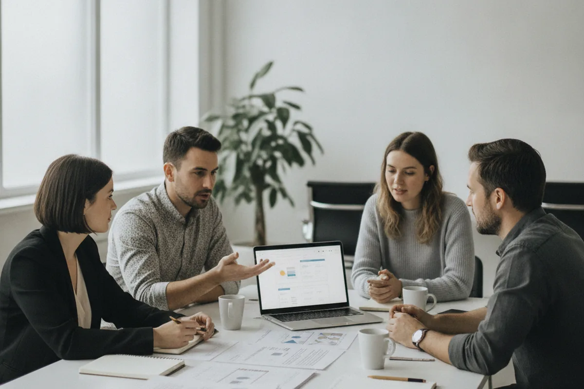 A cross-functional discovery team — business analyst, solution architect and product designer — reviewing requirements together at a meeting table