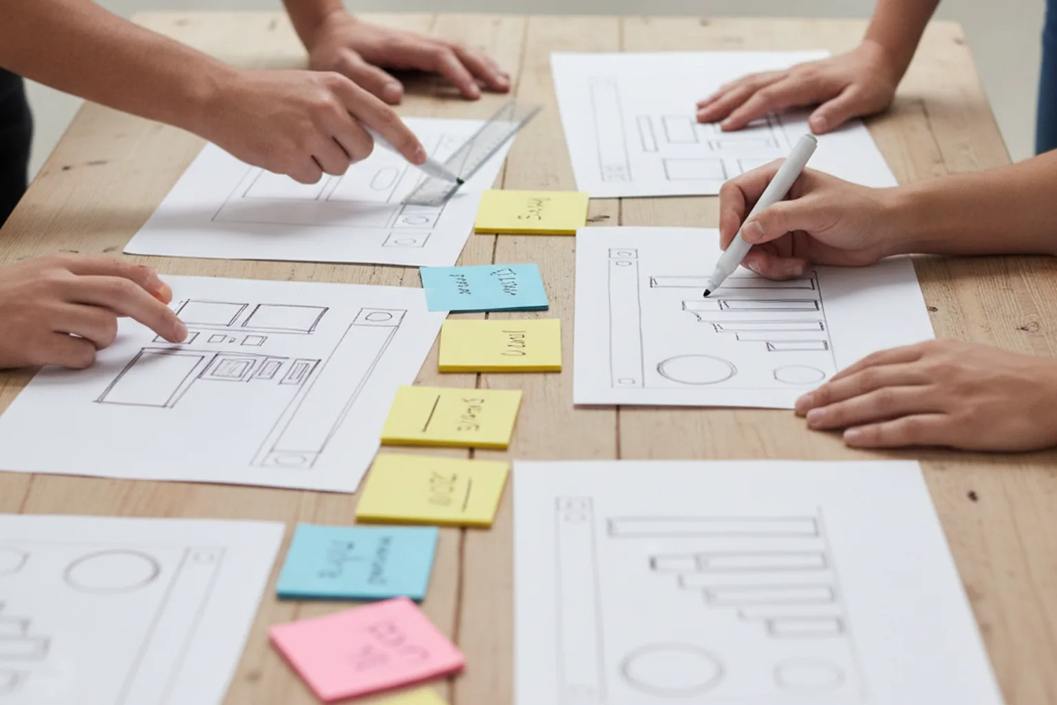 Membri di un team disegnano wireframe di dashboard con riquadri e forme di grafici su carta accanto a post-it colorati su un tavolo di legno