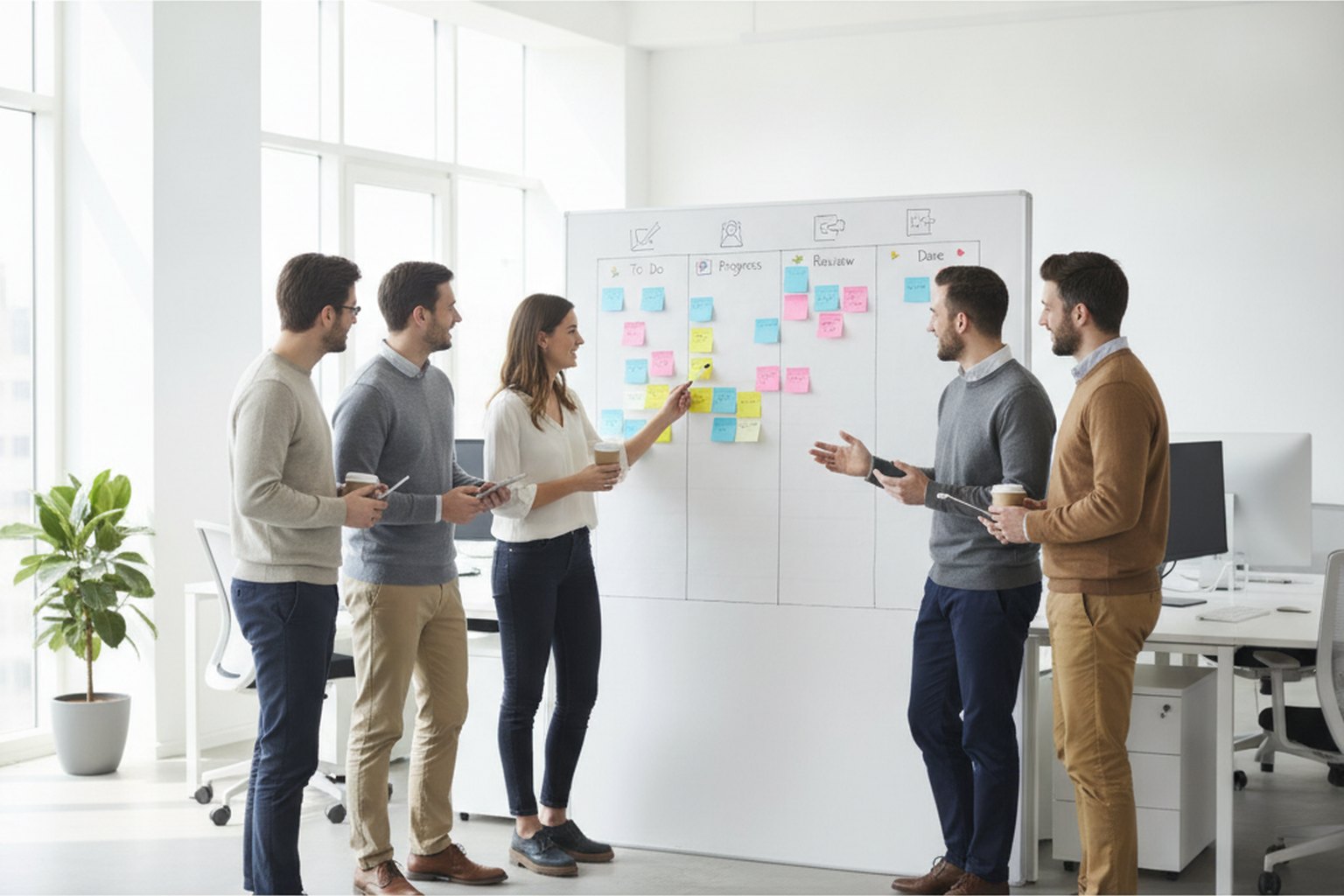 A software team planning work at a board with To Do, In Progress, Review and Done columns of sticky notes, illustrating an Agile software development methodology