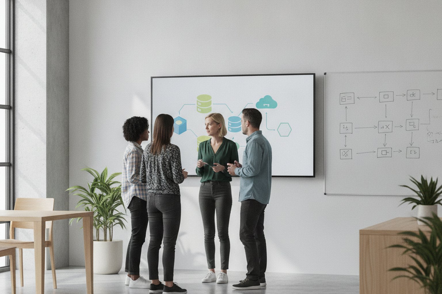 Quatre collègues devant un écran affichant un diagramme d'architecture système avec des icônes de cloud et de base de données, à côté d'un organigramme au tableau blanc