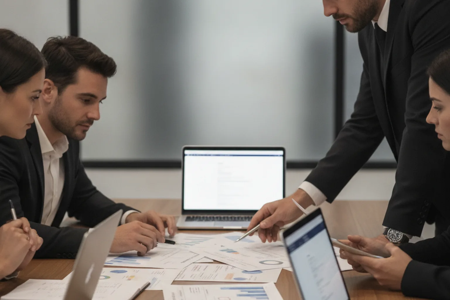 Team evaluating a vendor proposal and checklist together at a conference table