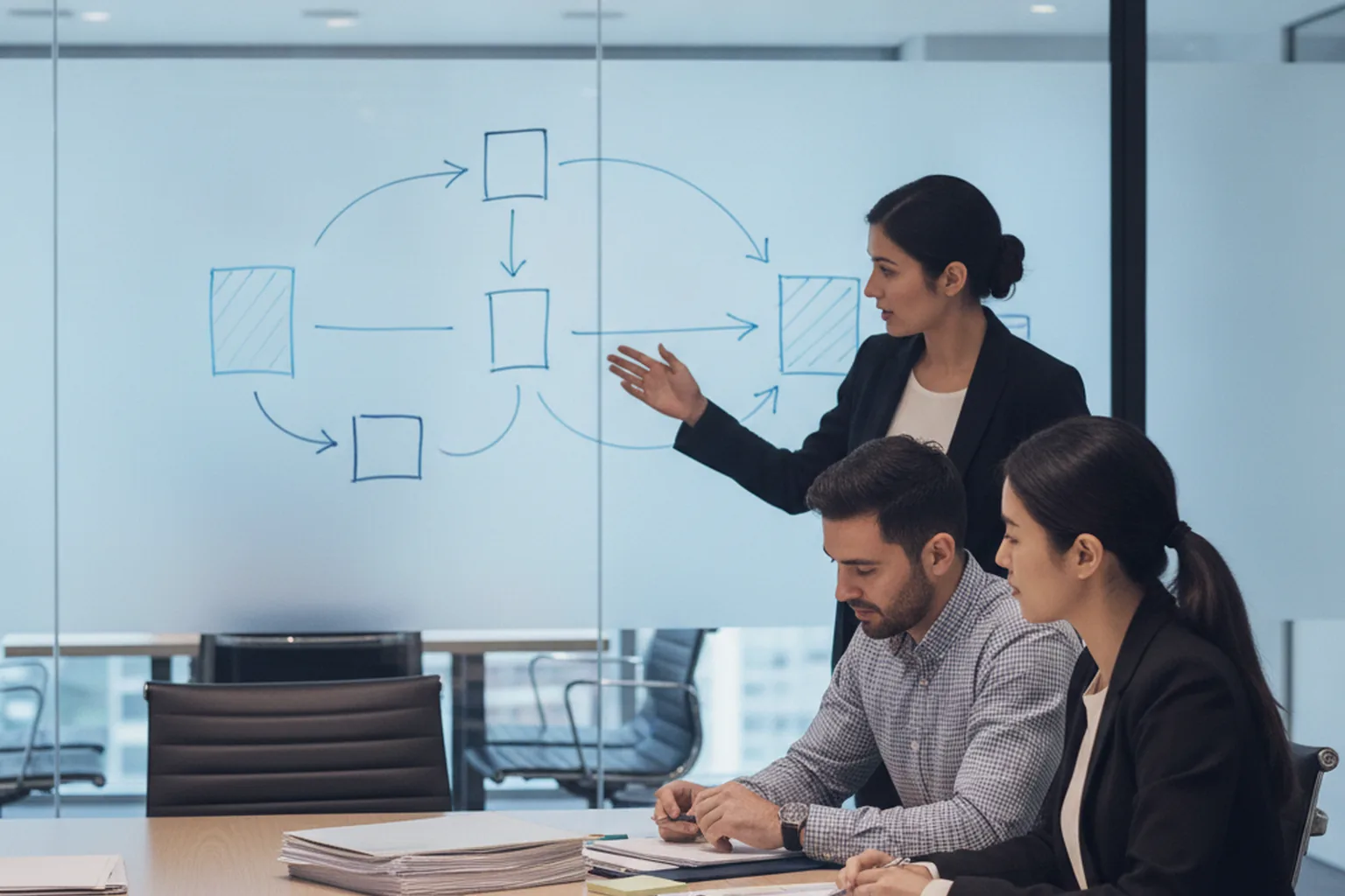 Equipo en una sala de reuniones acristalada evaluando la propuesta de un proveedor con un diagrama en la pared