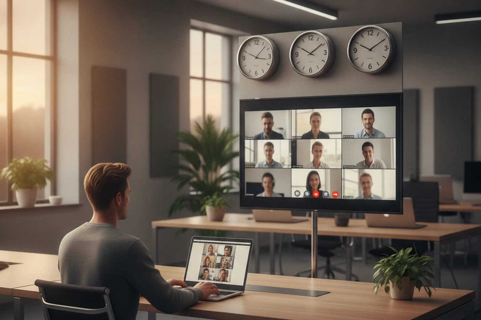 Entwickler in einem Videocall mit einem externen Outsourcing-Team, Wanduhren zeigen verschiedene Zeitzonen