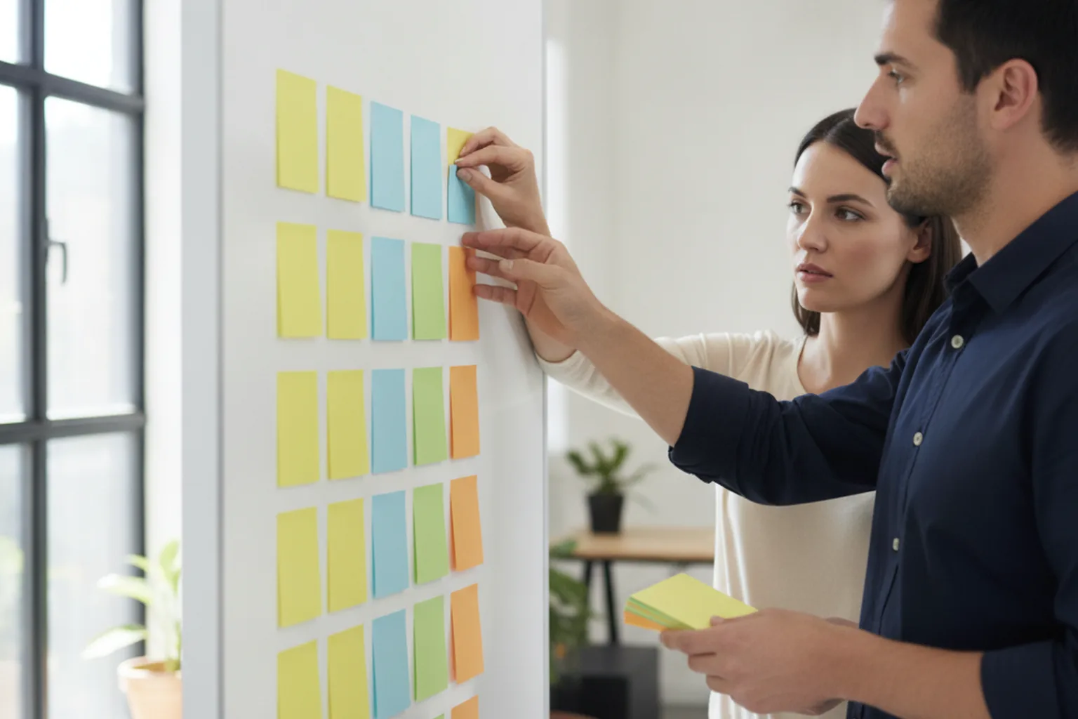 Produktteam ordnet Dokumente an einem Whiteboard den Projektphasen zu