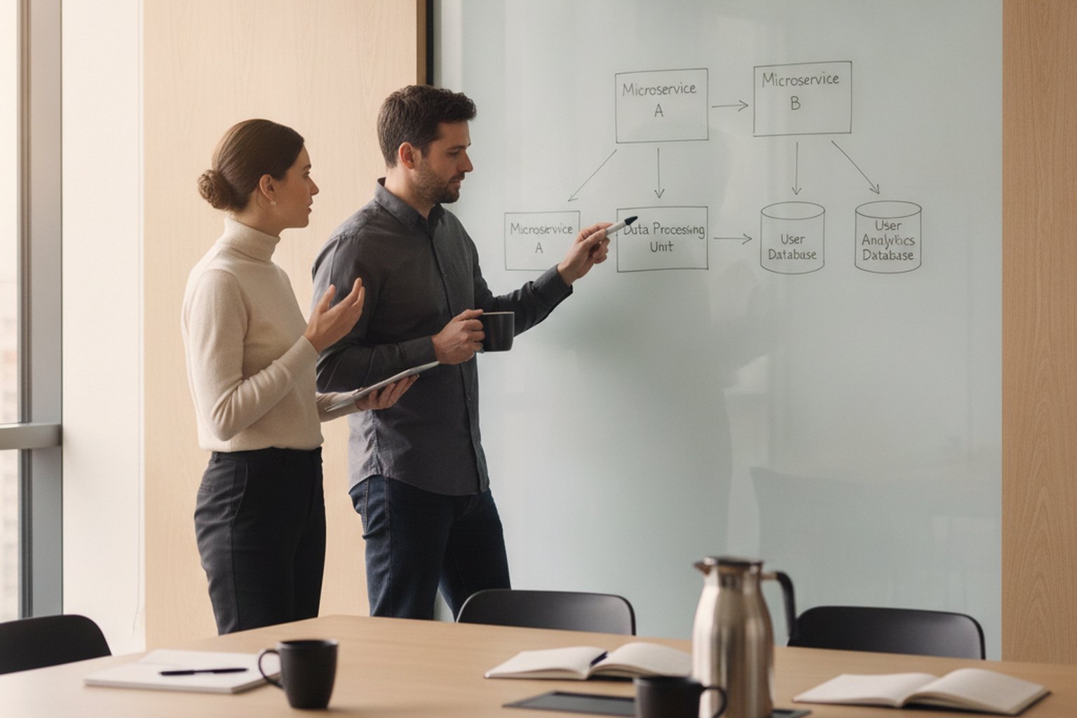 Deux architectes logiciels devant une paroi de verre discutant d'un schéma d'architecture système dessiné à la main, avec des services et des bases de données