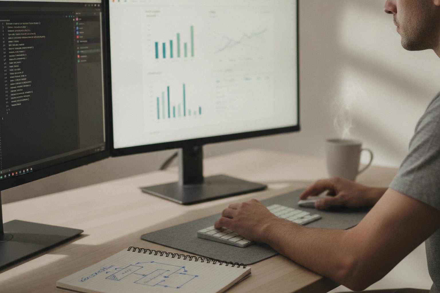 A developer at a dual-monitor workstation building a small proof-of-concept app, with code and a test dashboard on screen and a hand-drawn flow diagram in a notebook