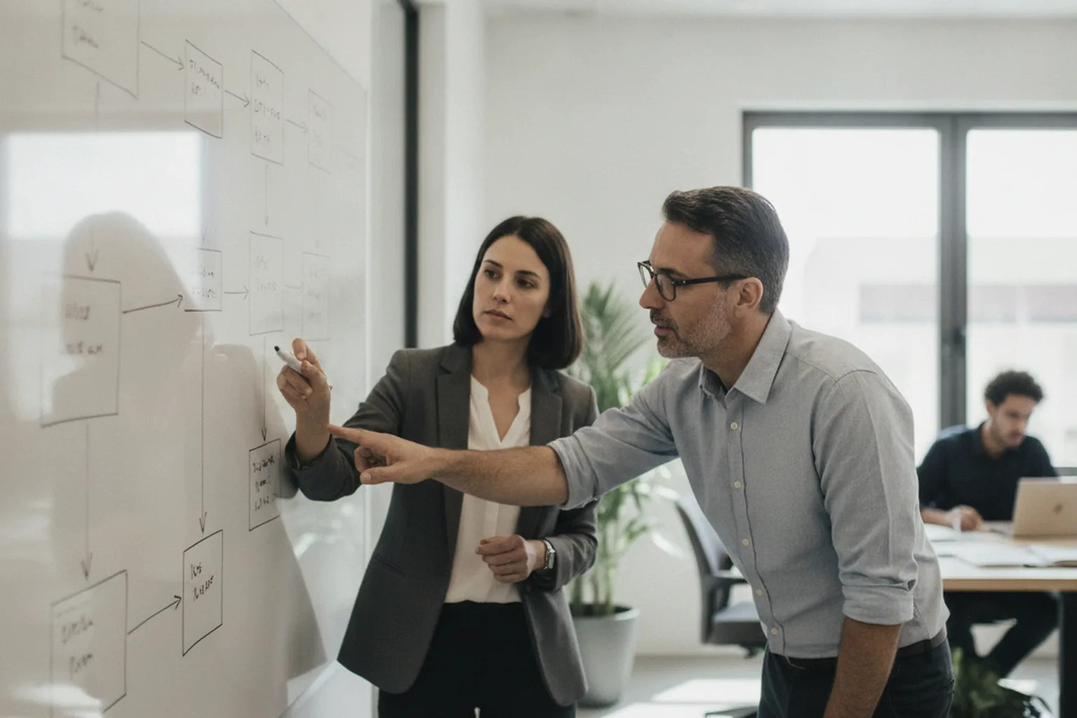 Un responsabile delle assunzioni e un ingegnere senior discutono uno schema di architettura di sistema su una lavagna durante un colloquio tecnico